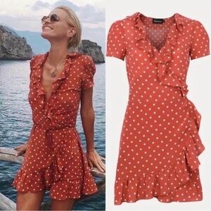 Realisation Par Valentina Polka Dot Ruffle Short Sleeve Silk Mini Wrap Dress